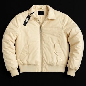 Nova Men Tan Off-White Puffer Jacket NWT Minimalist Streetwear Bomber Modern Med